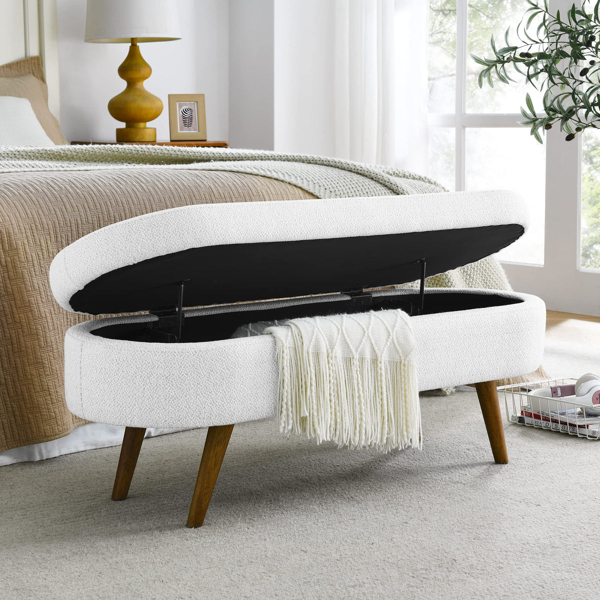 White Storage Bench with Rubber Wood Legs V888917